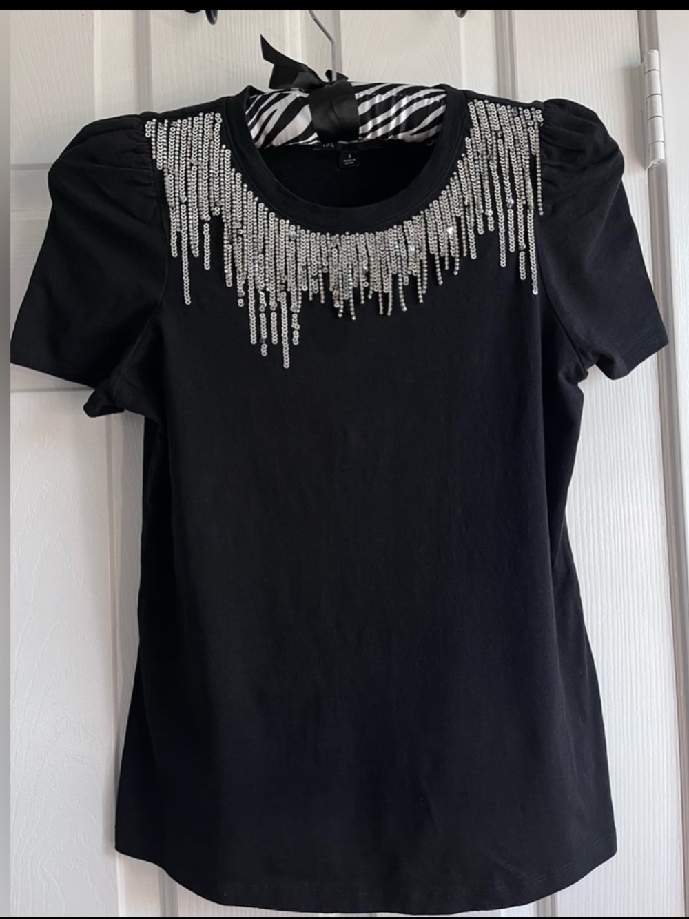 INC International Concepts Black Short Sleeve Tee with Silver Sequin Fringe